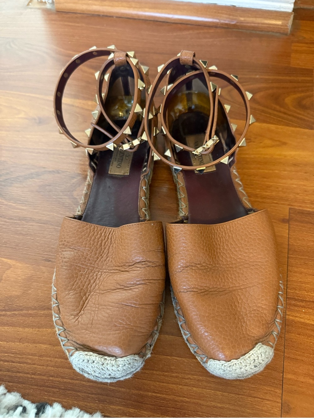 Valentino Garavani Tan Leather Espadrille Flats with Gold Stud Ankle Straps